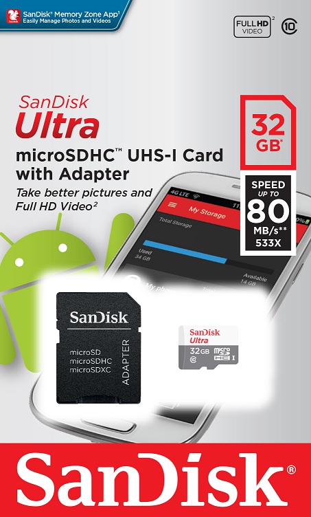 Imagen de TARJETA DE MEMORIA MICRO SD HC SANDISK ULTRA 32GB CLASE 10 CON ADAPTADOR SD