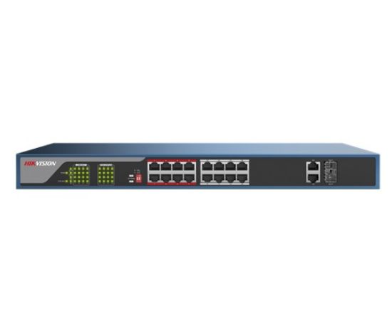 Imagen de SWITCH HIKVISION DE 16 PUERTOS POE+ 10/100 + 2 GIGABIT + 2 SFP METALICO