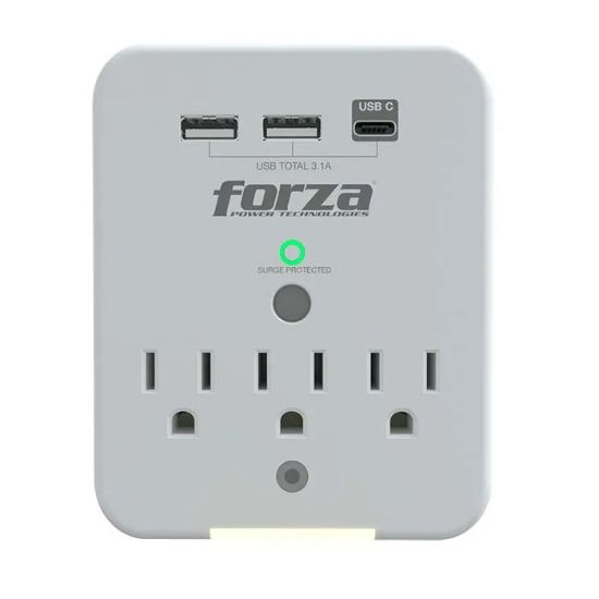 Imagen de TOMACORRIENTE PROTECTOR TENSION 490J/1875W, 3 SALIDAS, USB, 120V